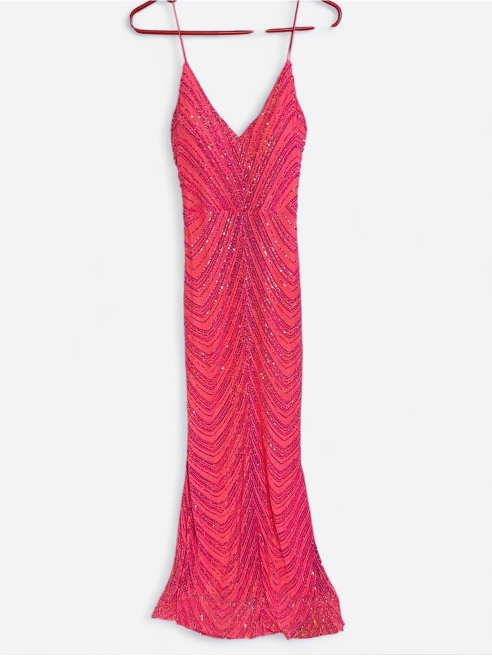 Sparkling Hot Pink Sequin Evening Gown - Elegant Spaghetti Strap Dress - Picture 5 of 7